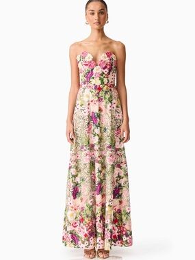 Elliatt Strapless Floral Embroidered Maxi Dress in Pink and Green